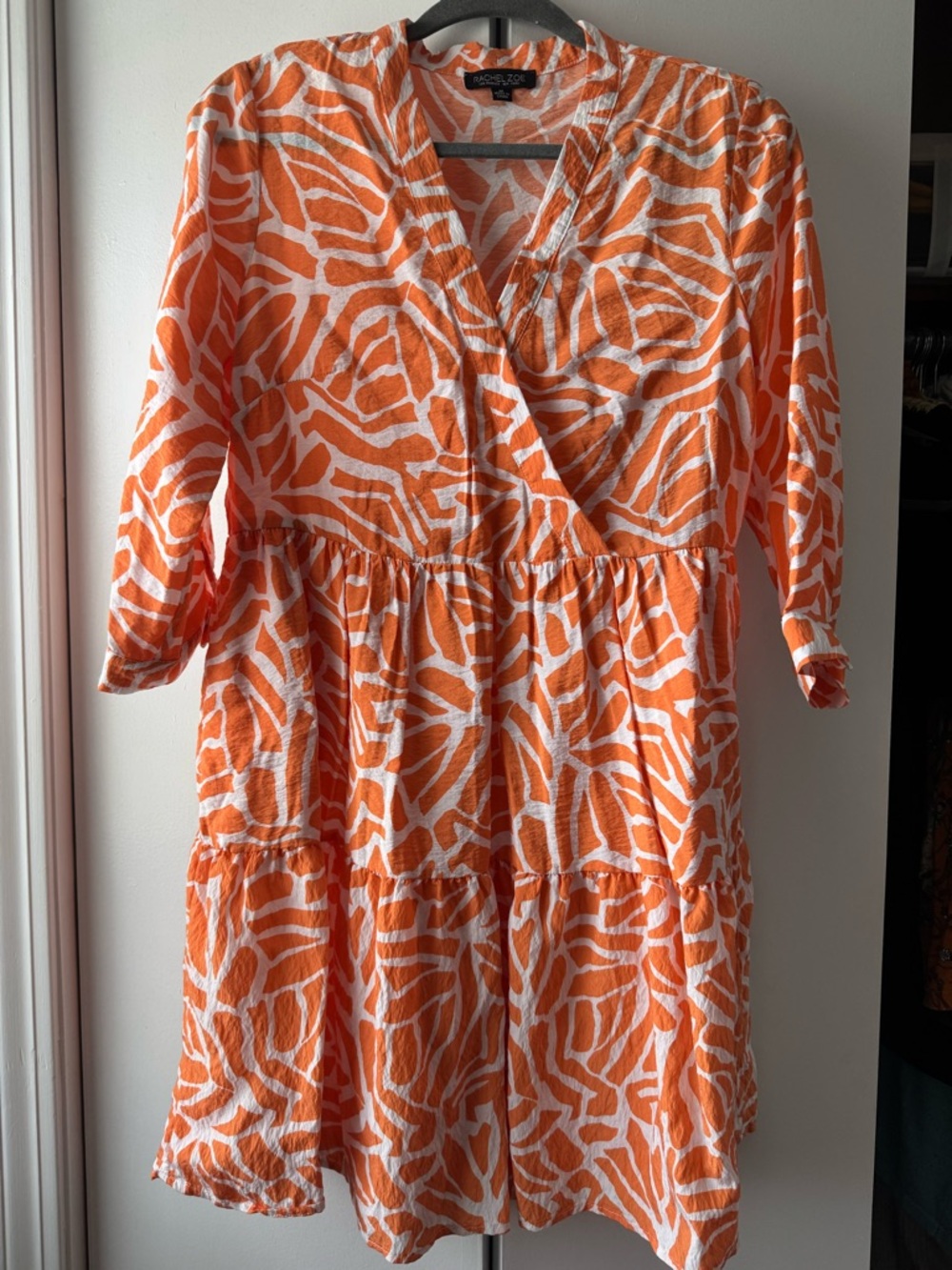 Rachel Zoe Zebra Print Tiered Mini Dress Orange White Faux Wrap V-Neck